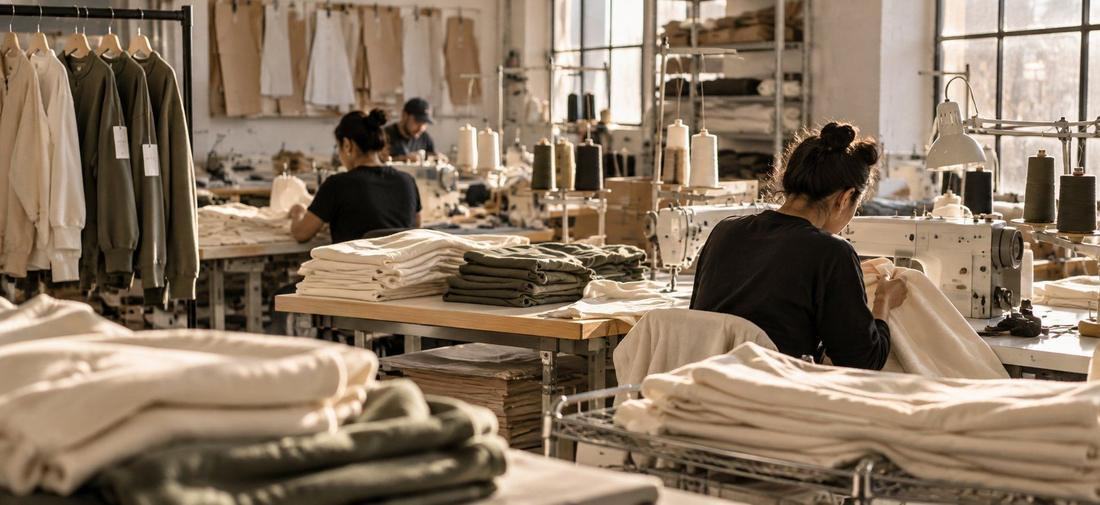 Our manufacturing team hand-finishing garments on the production floor