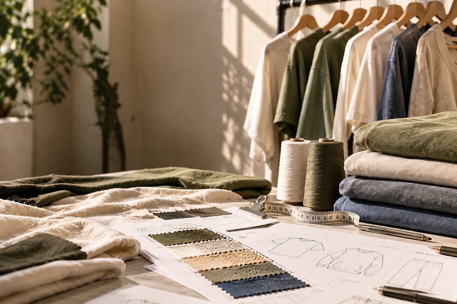 Folded apparel and fabric swatches on a production table, with finished garments hanging in the background