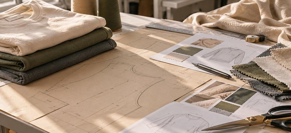 Custom pattern development with fabric swatches, sketches and cutting table