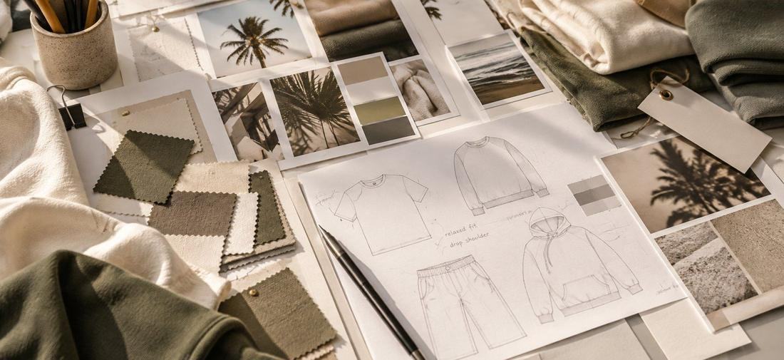 Design mood board with fabric swatches and sketches for a new apparel line