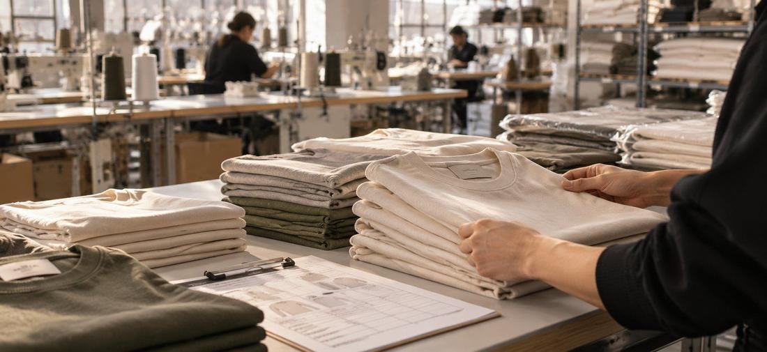 Folded finished garments ready for quality control on the production floor