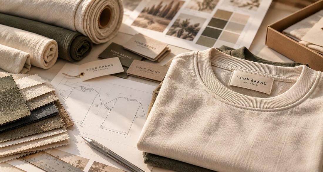 Fabric swatches, custom labels and tech pack sketches for a new apparel brand