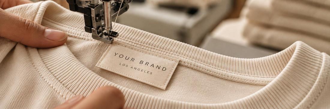 Custom garment label being sewn into a Los Angeles-made piece